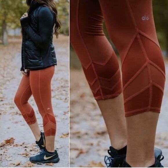Alo Yoga Edge Mesh Burnt Orange Cropped Mid Rise Leggings Size Medium - Picture 1 of 7